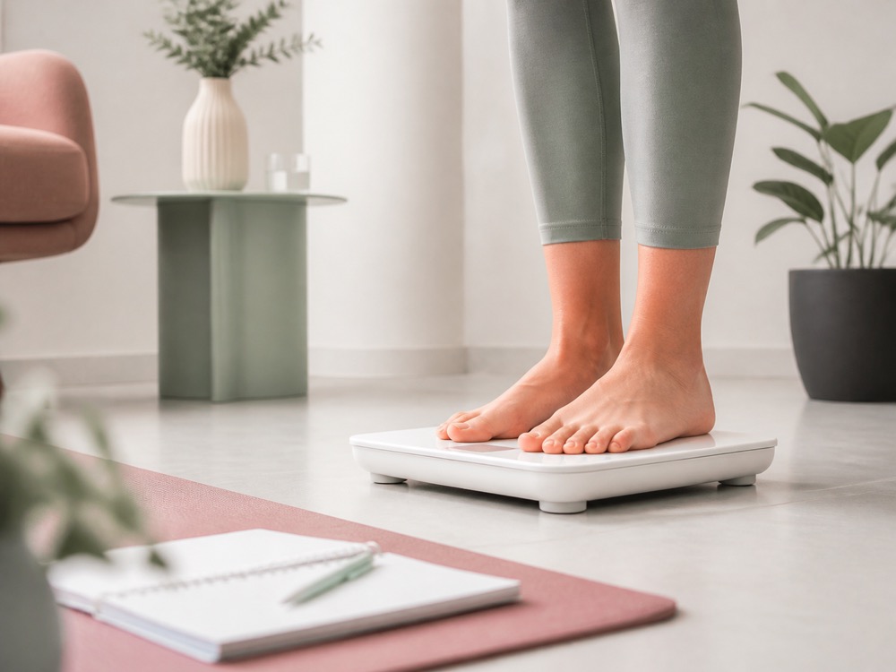 Pessoa se pesando em balança digital, representando acompanhamento de obesidade e emagrecimento